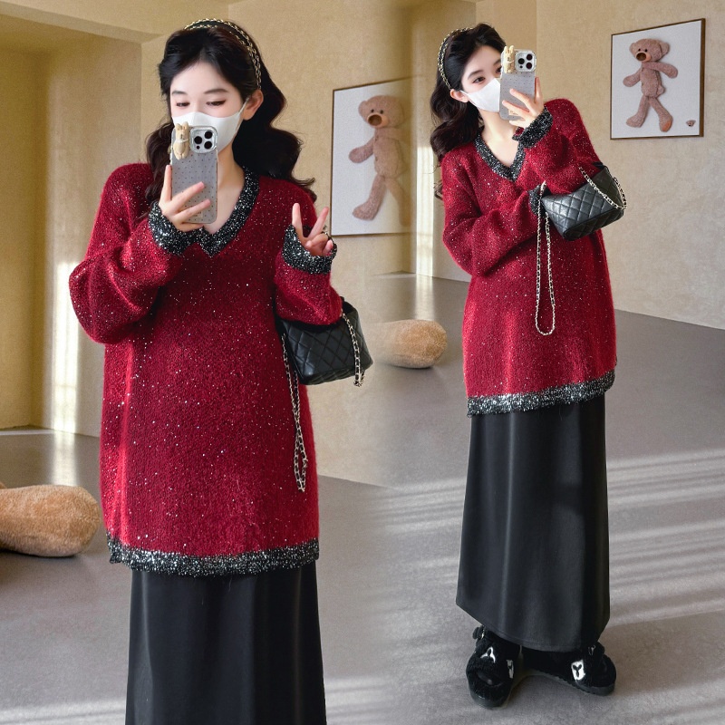 孕期穿搭2025秋冬新品重工V领亮闪闪撞色宽松毛衣+半身裙孕妇套装