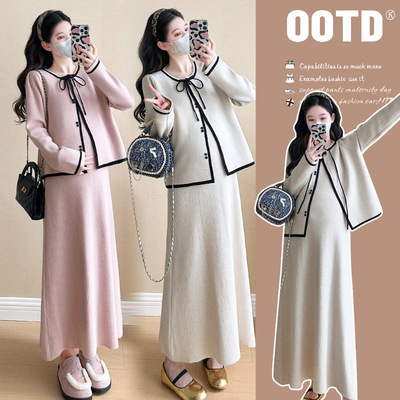 ~孕妇秋装连衣裙套装大码时尚潮妈新款开衫针织裙两件套