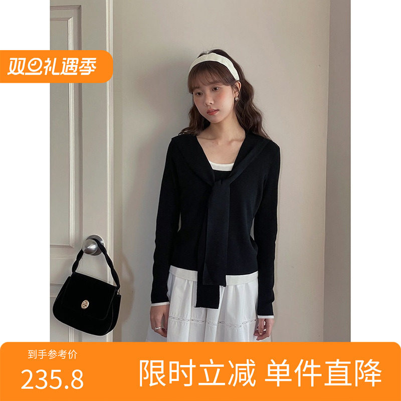 【】设计感披肩圆领假两件针织衫女装秋季新款长袖上衣y8833f