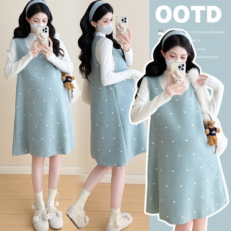 气质 刺绣羊毛呢子秋冬款减龄时尚孕妇两套装背心裙子+针织打底衫