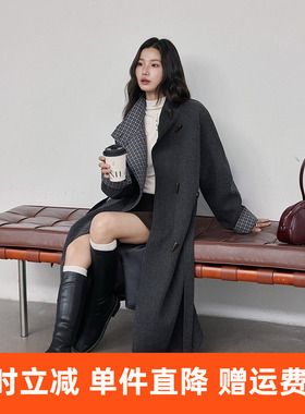 【悉尼往事格纹拼接毛呢】中长款毛呢外套冬季新款大衣w693c
