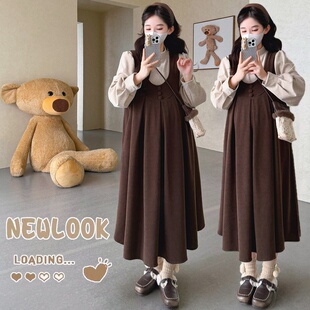 大货实拍 冬季新款加绒打底衫+灯芯绒背带裙两件套孕妇装宽松大码