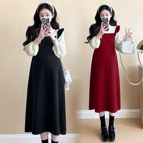 冬季新品假两件飞飞袖孕妇减龄显瘦针织毛衣连衣裙