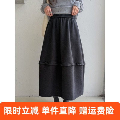 【德拉旧街】复古木耳边拼接呢子花苞裙冬季新款半身裙n927c