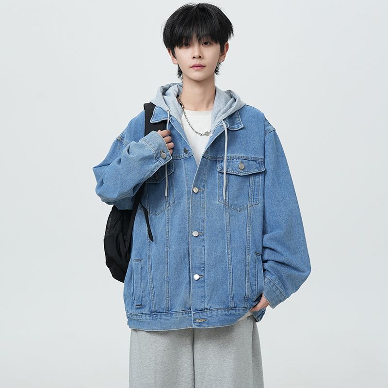 假两件牛仔外套男款春秋青少年宽松潮牌美式复古水洗工装连帽夹克
