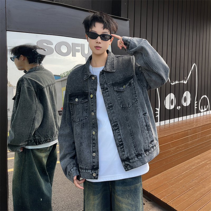 春秋季水洗灰色牛仔外套男款潮牌复古痞帅高级感男士短款拉链夹克