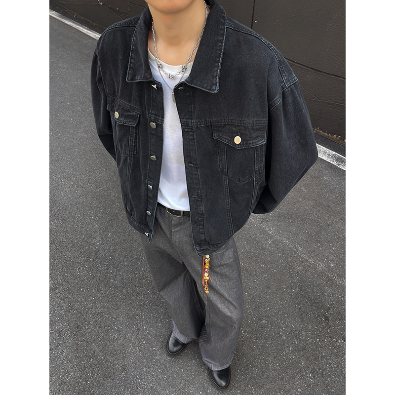 春秋季新款牛仔衣夹克男士美式高街潮牌工装复古潮流外套薄款黑色