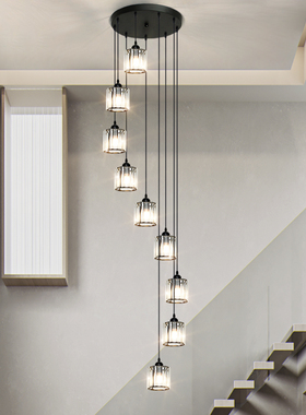 楼梯长吊灯LOFT复式轻奢水晶灯北欧简约现代别墅楼阁旋转餐厅灯具