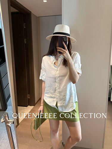 QUEENIE2026夏季新款 手工卷边袖口白色亚麻老钱风亚麻短袖衬衫