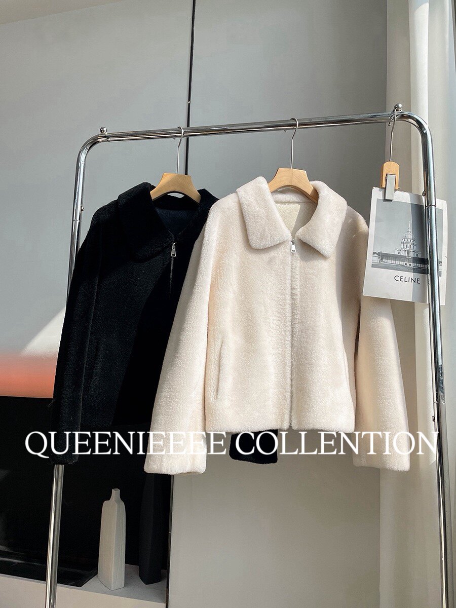 QUEENIE早春新款 超细美利诺全羊毛短款翻领羊羔毛皮毛一体外套女