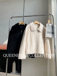 QUEENIE早春新款 超细美利诺全羊毛短款翻领羊羔毛皮毛一体外套女