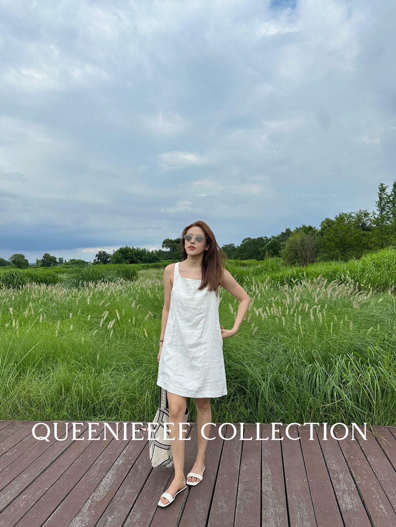 QUEENIE2025夏季新款 法式度假风亚麻方领无袖背心连衣裙女