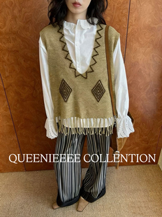 QUEENIE2026早春新款 ICE新款手工流苏羊毛套头马甲背心上衣女