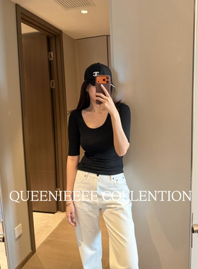 2026早春新款 中袖复古基础针织上衣修身五分袖T恤U领天丝打底衫