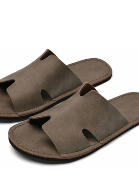 拖鞋男外穿凉拖鞋薄底手工缝线4647大码舒适一字拖个性软底皮拖鞋