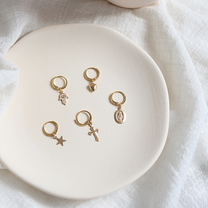 美产14k包金十字架圣母耳环