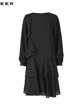 【一一专属】复古圆领荷叶边拼接宽松连衣裙S244Z1208