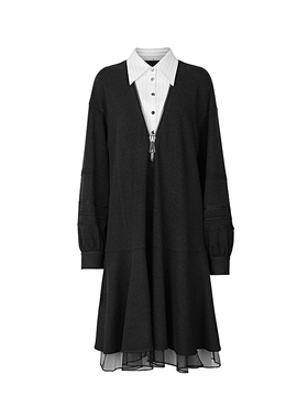 【一一专属】翻领条纹网纱假两件连衣裙S244Z1201