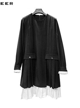 【一一专属】OL风圆领百褶撞色拼接长袖连衣裙S244Z1233