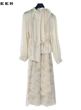 【一一专属】优雅印花收腰网纱衬衫吊带连衣裙套装S243Z1420