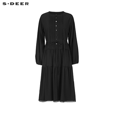 【一一专属】圆领风琴褶收腰镂空花边连衣裙S243Z1292