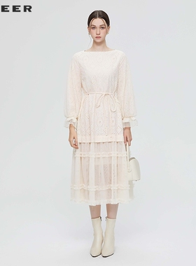 【一一专属】25年新品优雅圆领绣花网纱收腰连衣裙S253Z12B7