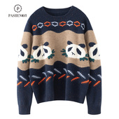 帕什羊绒衫 女100%山羊绒25秋冬新圆领熊猫提花厚宽松毛衣CTC 1019