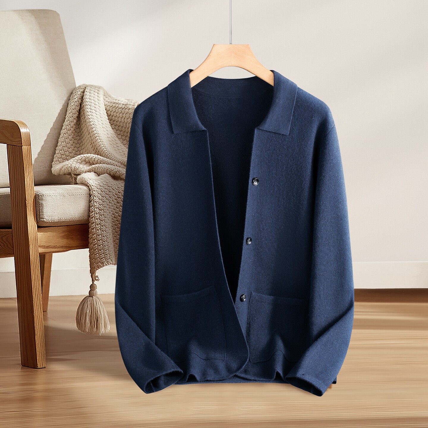 帕什精纺羊绒衫男加厚开衫100山羊绒西装款商务休闲针织打底外套