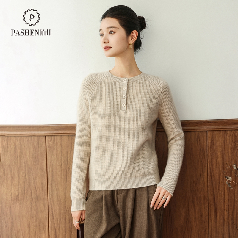 帕什羊绒衫女100%山羊绒25秋冬新款华夫格加厚圆领针织毛衣PS-192
