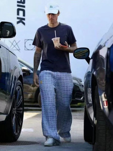 Dre笑脸justinbieber小香风毛呢直筒长裤 贾克斯丁比伯同款男女