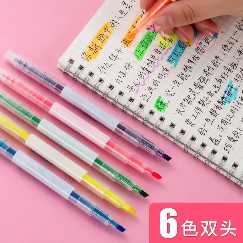 彩色细头斜头标记笔马克笔双头双色荧光笔学生划重点句粗头记号笔