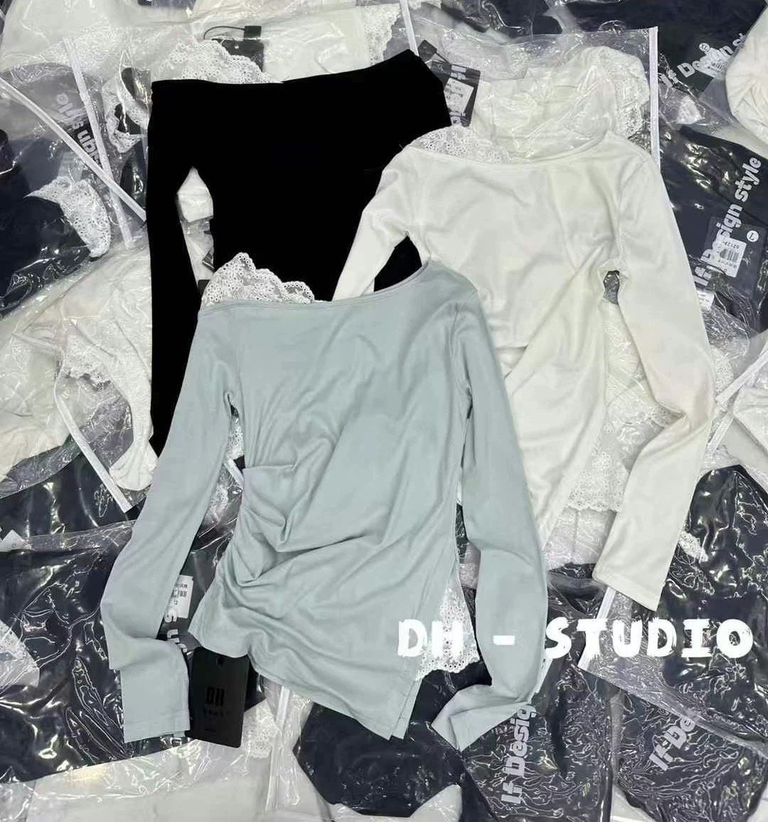 2025早春清仓不退换一字肩蕾丝拼接显瘦不规则长袖T恤女