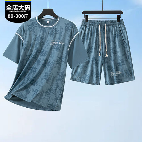 夏季运动套装跑步健身速干服短袖短裤轻便冰丝网眼两件套特大码男