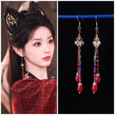 子夜归同款耳环田曦薇武桢同款耳坠猫妖黑红长流苏黑化耳饰品耳夹