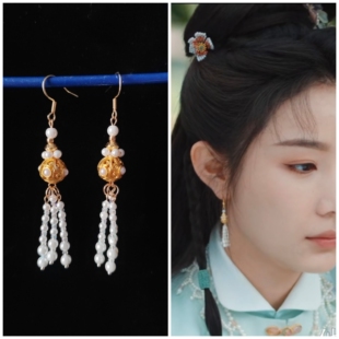 玉茗茶骨张南五小姐同款耳饰沙金珍珠串珠流苏耳坠明制汉服耳饰