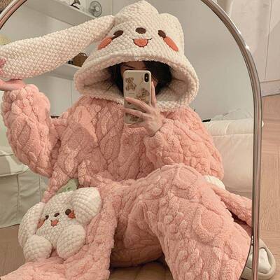 珊瑚绒长款睡袍女冬季三层夹棉袄加厚加绒法兰绒秋冬天睡衣家居服