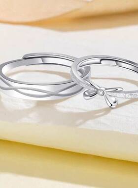 新款简约蝴蝶结情侣戒指一对镀925银小众对戒素圈食指情人节礼物