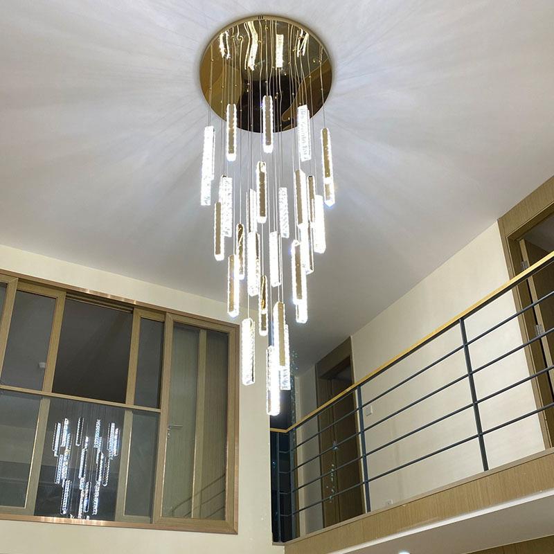 简约现代LED不锈钢水晶竖条吊灯复式楼loft中空轻奢旋转楼梯吊灯