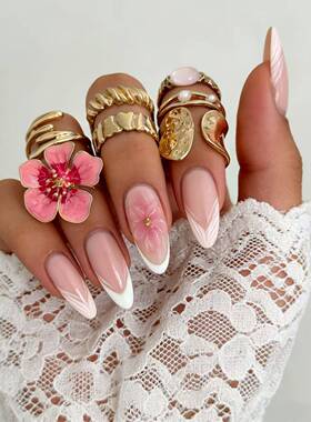 欧美跨境ins风粉色花朵仿珍珠戒指套装 小众设计感叠戴款指环饰品