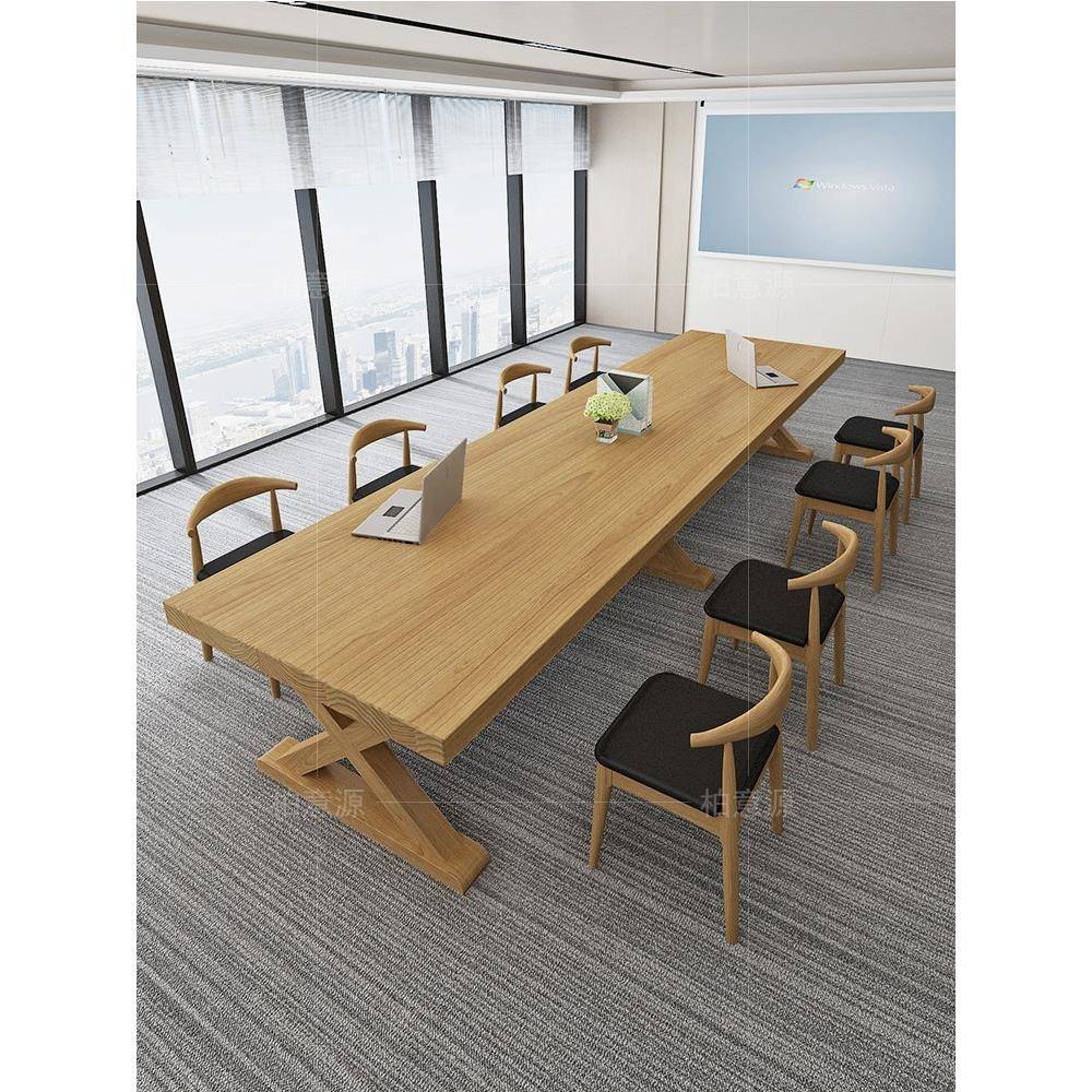 N5大型实木会议桌原木大板长桌简约办公桌长条培训桌洽谈桌椅组合