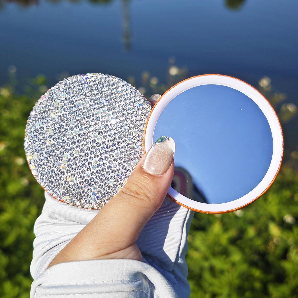 镶钻小镜子便携女学生随身携带化妆圆镜迷你ins风精致家用小型号