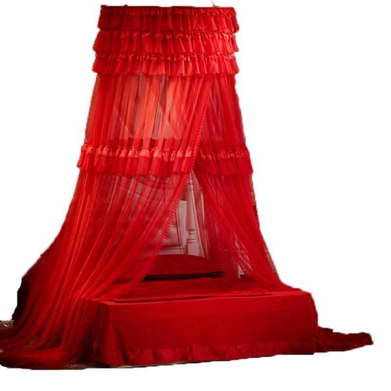 ZQ结婚庆大红色落地家用免打孔免安装蚊帐圆顶吸盘吊挂式吊顶蚊帐