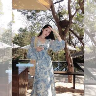 法式绝美碎花雪纺长袖连衣裙女夏季海边度假高级感气质收腰长裙子