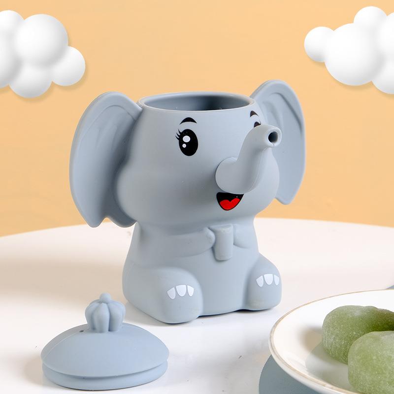 婴儿硅胶学饮杯宝宝饮水训练杯儿童双耳吸管杯创意小象防摔喝水杯