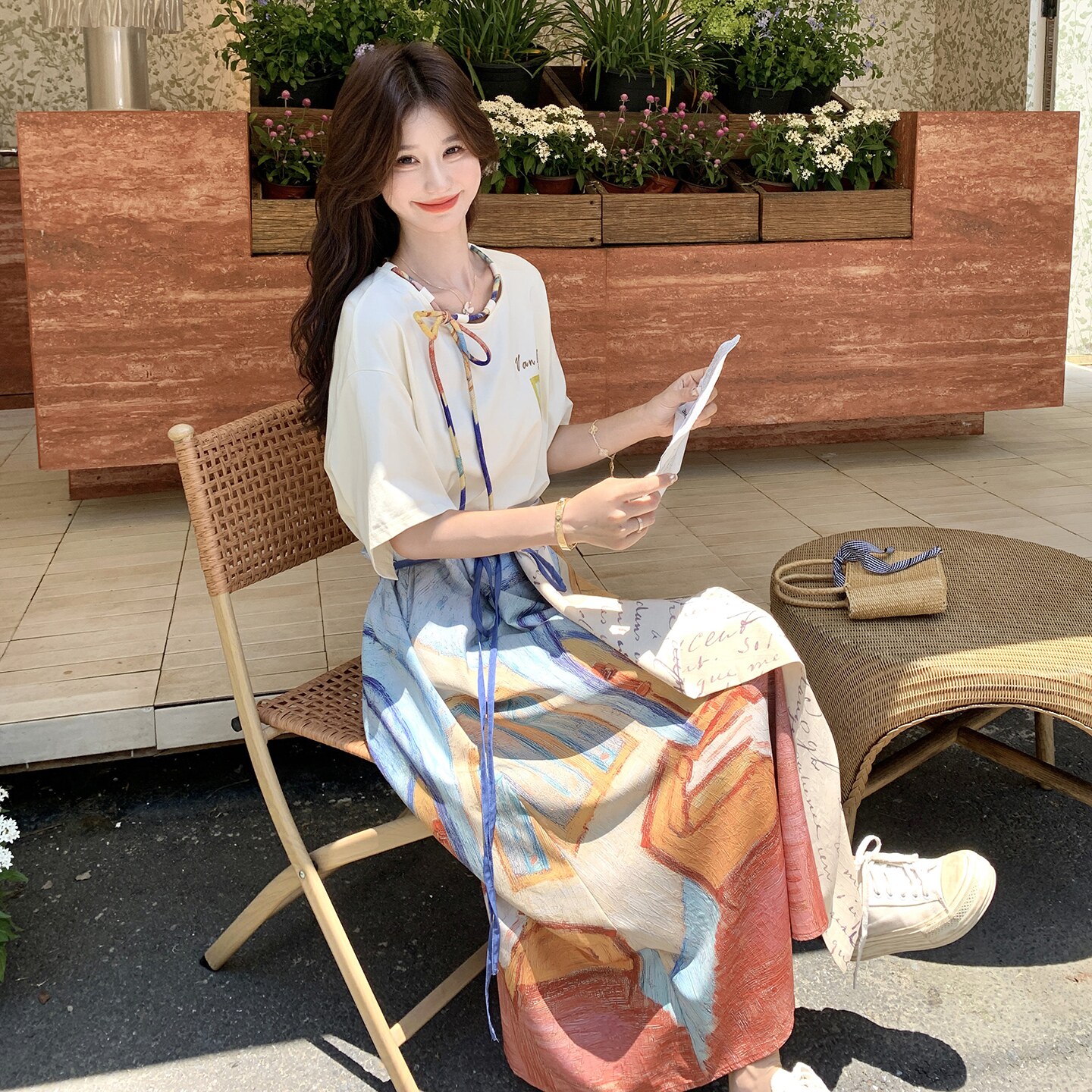 新款25年夏印花T恤半身裙两件套2C289-2571-P165-K245,女装连衣裙,2C289