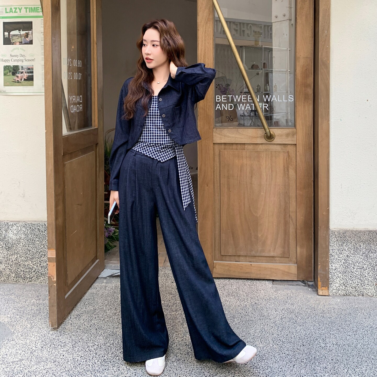 藏青色衬衫背心阔腿裤套装女春秋巨好看大方得体三件套流行超火,女装套装/套裙,2C289