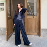 藏青色衬衫背心阔腿裤套装女春秋巨好看大方得体三件套流行超火，女装套装/套裙，2C289