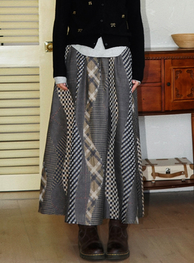 zopiclone“艺术生”复古高级韩系小众拼接格纹高腰半身裙