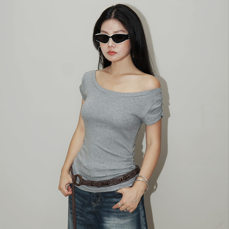 zopiclone本期必入!高品质优可丝螺纹一字领两穿立裁褶皱显瘦短袖