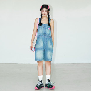 zopiclone星之卡比！粉色星星标重工水洗古着感宽松牛仔背带短裤